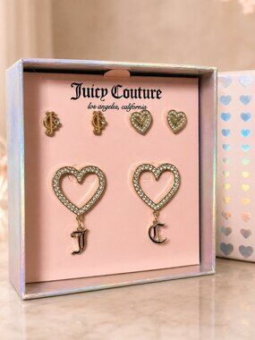 Juicy Couture 3-Pair Crystal Heart Earring Set J C Charms Gold Tone NWT